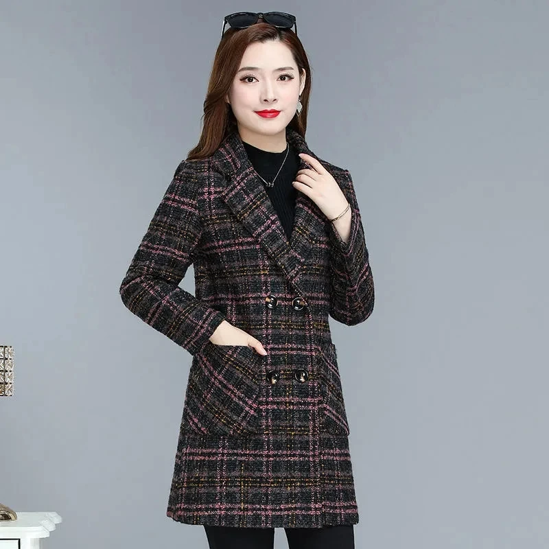 

2023New Spring Autumn Women Plaid Wool Coat Korean Mid Long Casual Female Jacket Double Breasted Outerwear Ladies Overcoats Tops