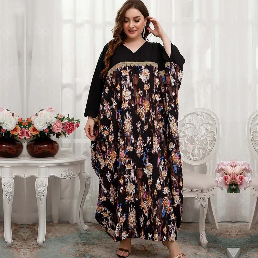

Muslim Robe Women Ramadan Middle Eastern Floral Print Contrast Panel Doll Sleeve Loose Embroidered Dress 2022 New Kaftan Abayas
