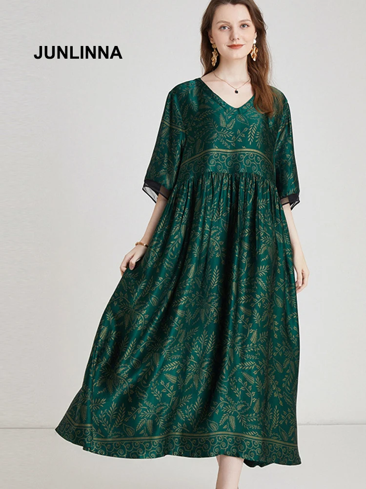 

JUNLINNA Woven Acetate Women One Plus Size Dress V Neck Half Sleeve Summer Printing Expansion Vestidos Party Long Loose Dresses