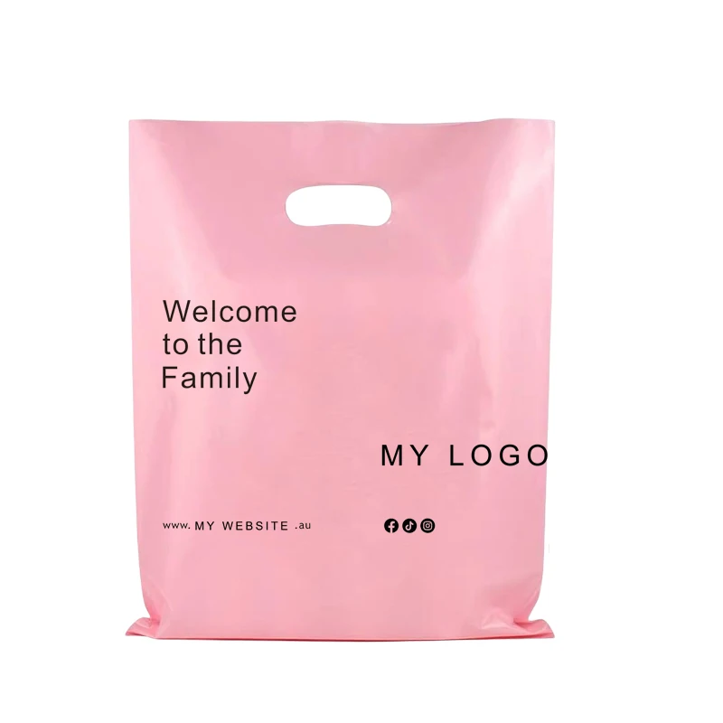 

Customized Logo Pink Shop Boutique Gifts Die Cut Handle Bag Reusable Carry Bag Plastic Shopping Bag retail gift boutique