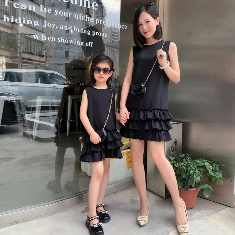 Mommy and Daughter Matching Clothes  Summer Dress Mother Daughter Dress Hepburn Black  Cake Lace Dress Christmas Pajamas Family