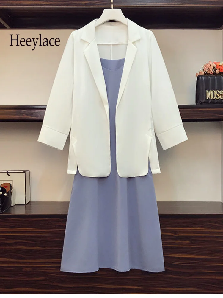 

Летний комплект из 2 предметов, женское платье на бретельках и однотонный пиджак с длинным рукавом и V-образным вырезом, топ, наряд, офисный ж...