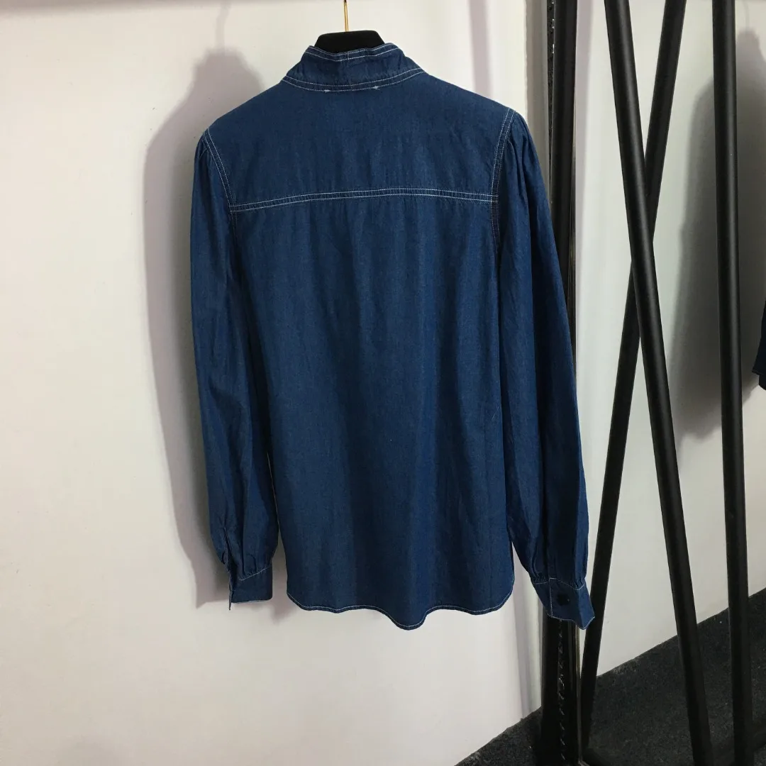 

2023 Autumn New Vintage Single breasted Shirt Bow Small Letter Embroidered Long Sleeve Denim Shirt