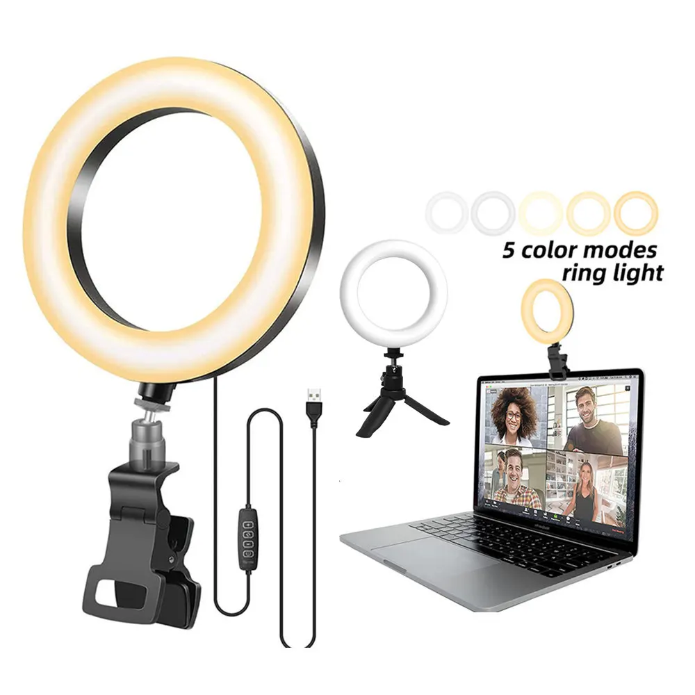 

LED Selfie Ring Light Clip-on Tablet PC Circle Fill Light Dimmable Round Lamp w Tripod Stand for Makeup Photography RingLight