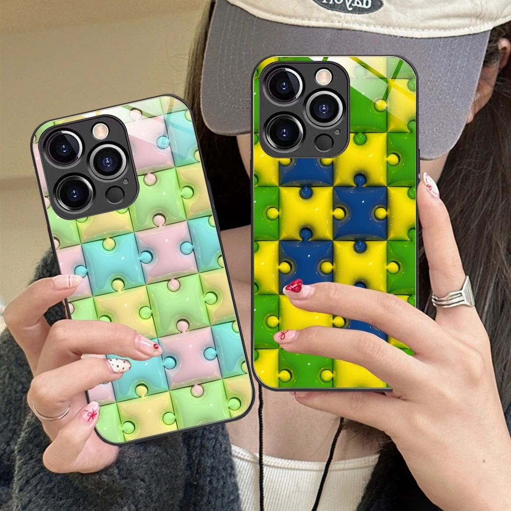 Puzzle Fashion Pretty Mobile Cell Phone Case for iPhone 16 15 14 13 12 11 X XR XS 8 Pro Max Plus Mini PC Glass Cover Shell