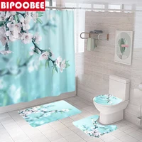 Plum Flower Bathroom Curtains Pink Shower Curtain Set Bath Mats Rugs Toilet Cover Lid Pedestal Non-slip Carpet Home Decor