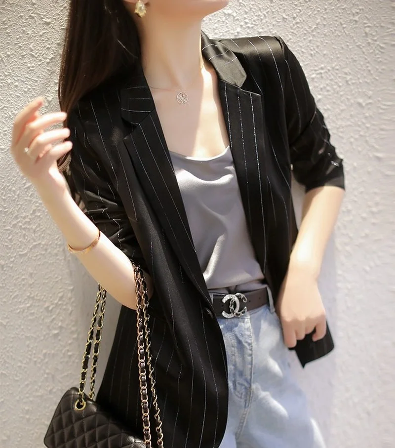 Simple Striped Solid Colors Blazers Spring Autumn Thin Casual Commute Blazers Lapel Single Breasted Suits Chic Business Clothing