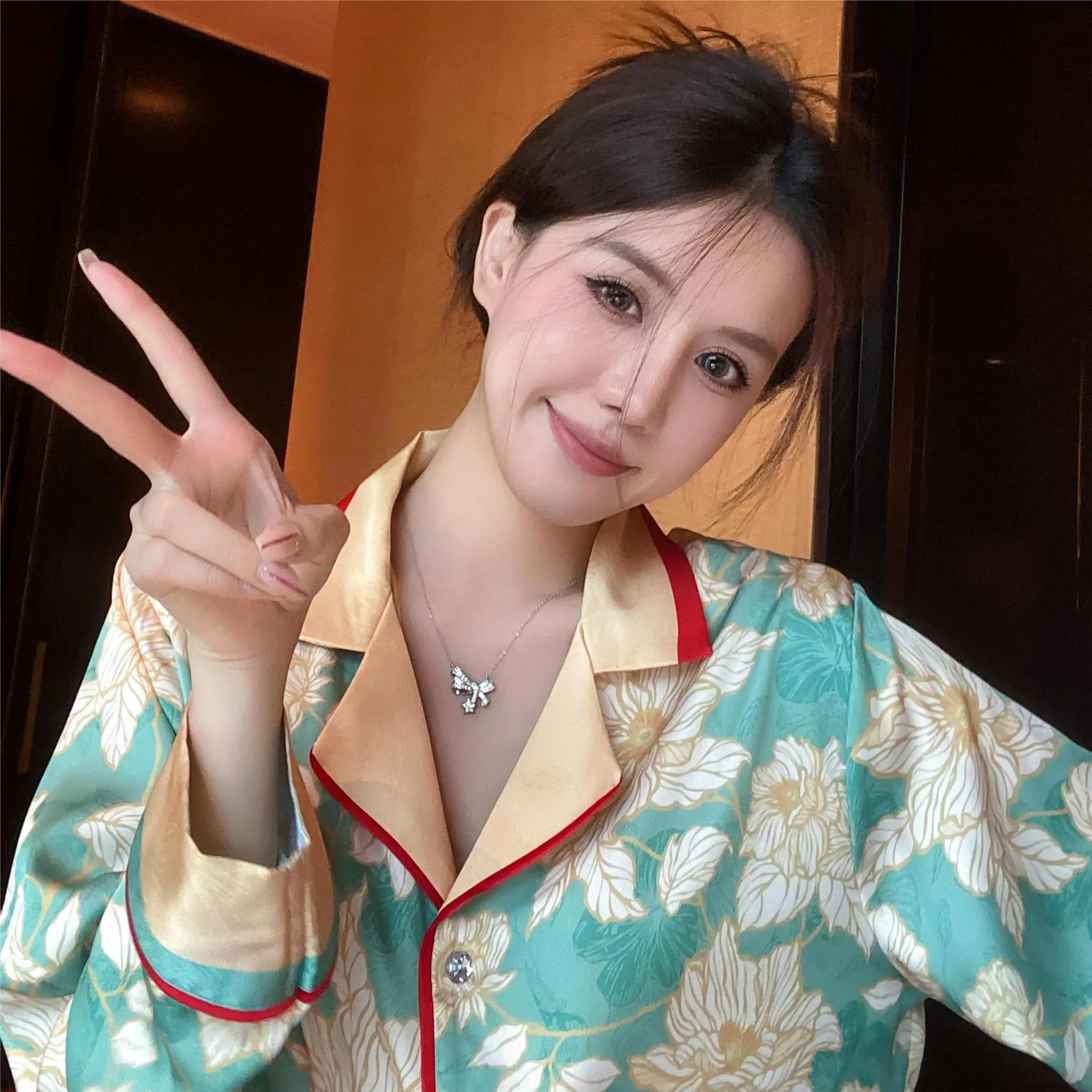 Пижама женская с длинным рукавом комплект из 2 предметов рубашка брюки одежда для