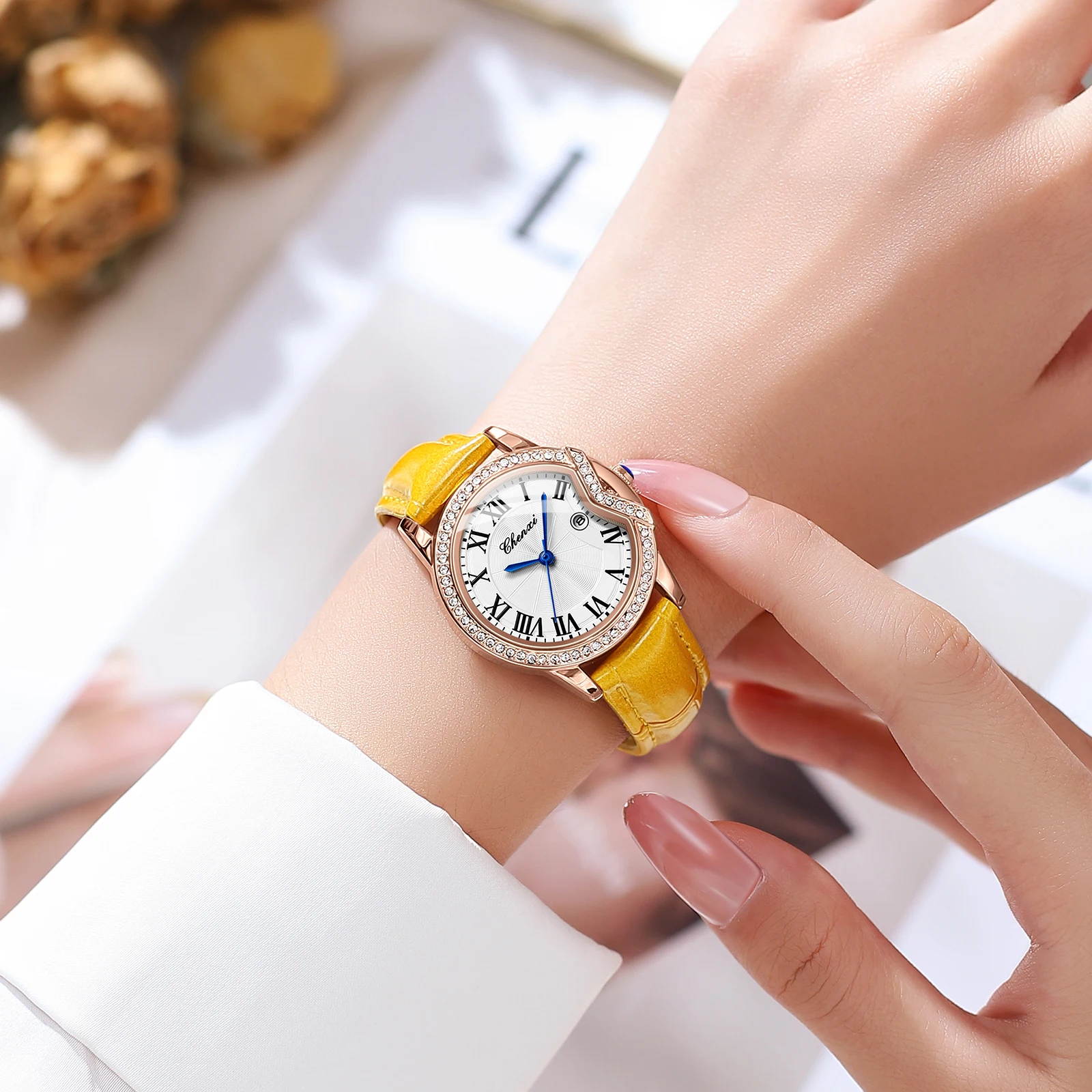 CHENXI New Fashion Women Watches Luxury Diamond Encrusted Roman Calendar Waterproof Leather Quartz Watch Ladies Wrist Watches