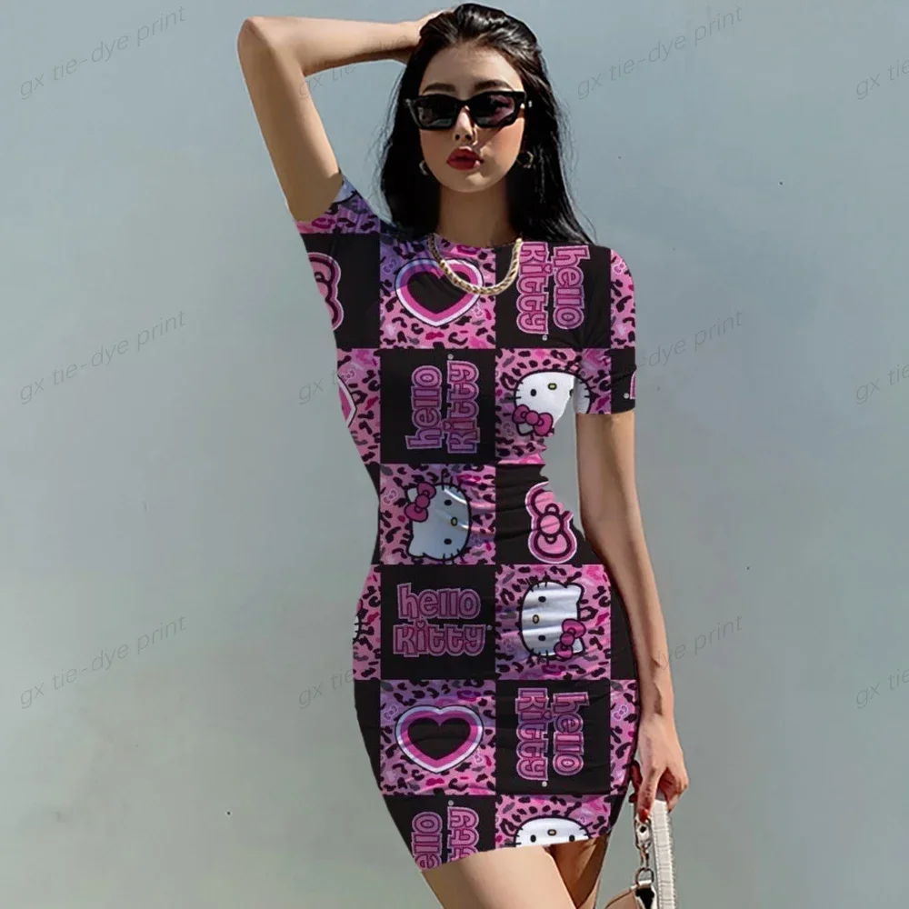 Summer Women's New Korean Temperament HELLO KITTY Print Dress Section Short-sleeved Waist Tight Sexy Bag Hip