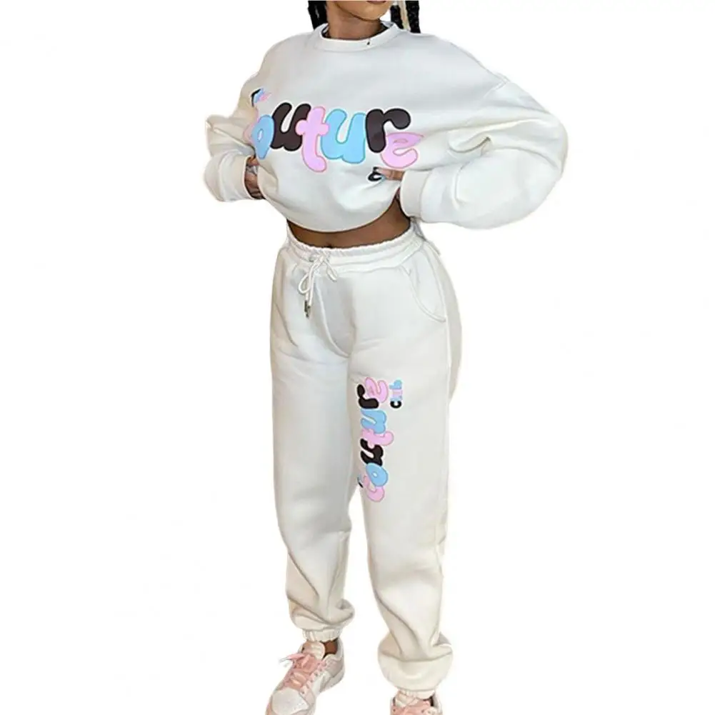 

2 Pcs/Set Cute Elastic Waist Ankle Length Sweatshirt Trousers Set Sweatshirt Pants Set Pockets Loose