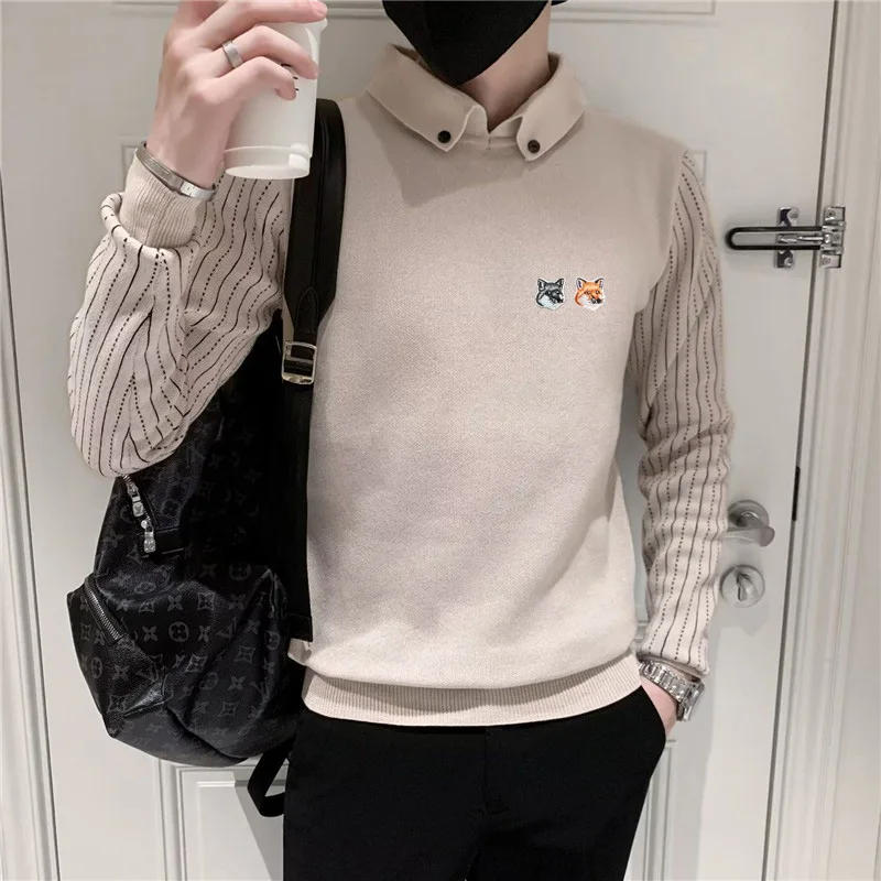 

Мужская вязаная рубашка с длинными рукавами, брендовый топ с вышивкой, весна 2023, Качественная мужская Повседневная модная одежда с лацканам...