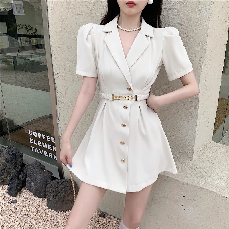 

Fashion Design Puff Sleeve Suit Dress Tie Waist Thin Goddess Temperament Single Breasted Summer Short Sleeve A-Line Mini Dresses