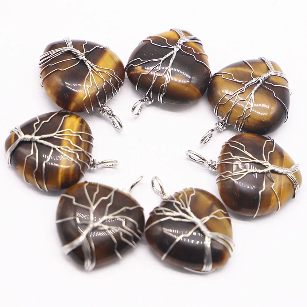 Fashion Natural Tiger Eye Stone Heart Shape Pendants Necklace Reiki Silver Wire Wrap Handmade Tree Of Life Charms Wholesale 4Pcs