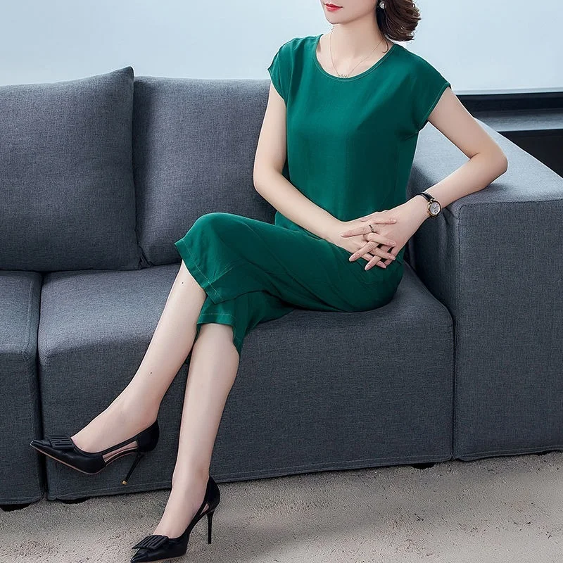 

Женский хлопковый костюм из двух предметов, повседневный костюм из топа с коротким рукавом и укороченных брюк с широкими штанинами и высокой талией, Y836, лето 2023