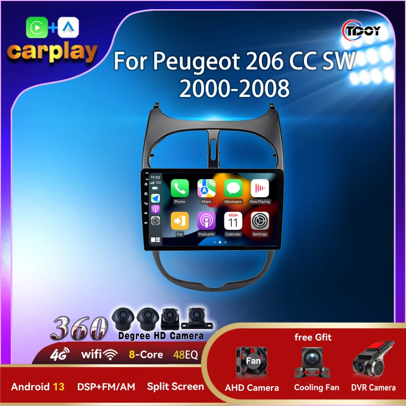 Android 13 для Peugeot 206 206CC SW 2000-2008 Автомобильный радиоприемник 2Din Carplay Auto Беспроводной