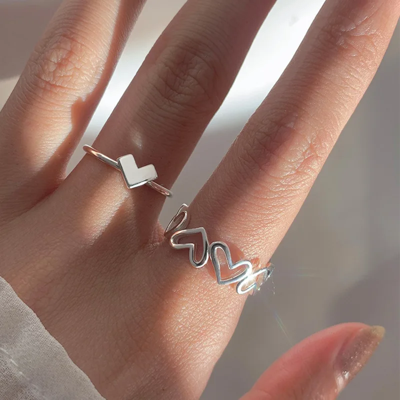 

2 Pcs Silver Hollow Heart Rings Minimalist Sweet Hearts Ring Set for Women Love Jewelry Popular 2022 Trendy Accessories Bijoux