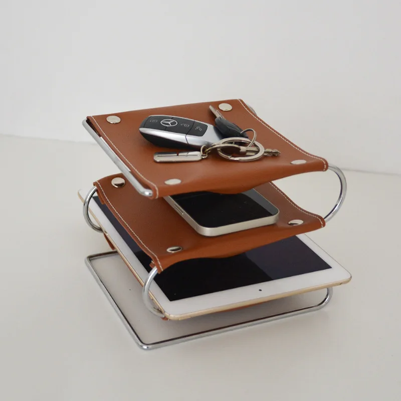

Three Layer Leather Storage Tray Debris Cosmetics Jewelry Magazine Desktop Organizer Tray