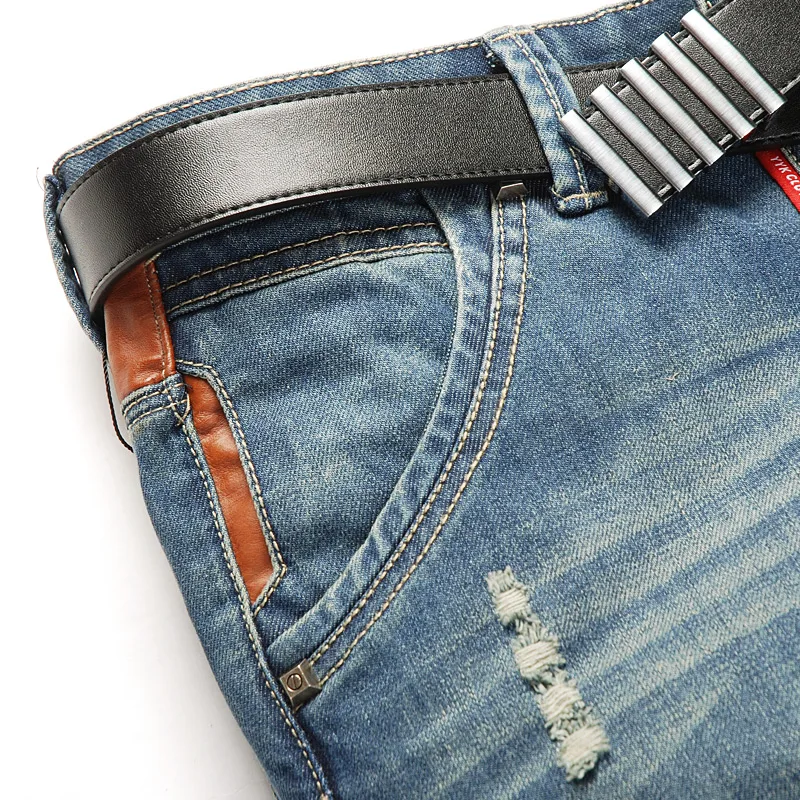 Summer Jeans For Men Pants Free Shipping Baggy Casual Trousers Man Stretchy Ripped Biker Embroidery Slim Fit Hole Denim Black