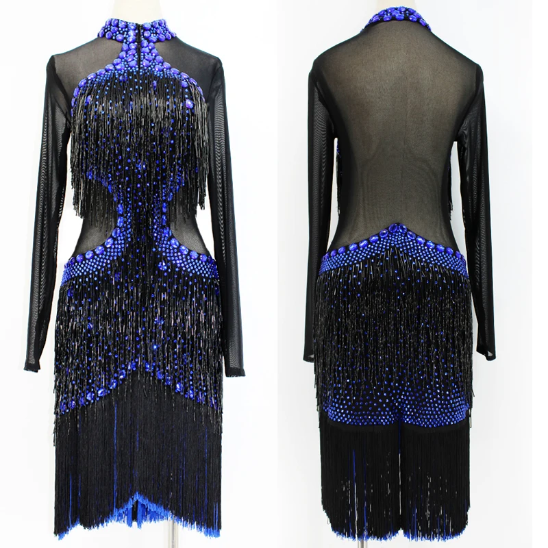 

Sexy Latin Dance Competition Dress Women Girls Performance Fringe Costume Mesh Long Sleeves Blue Stone Samba Stage Dress BL5384