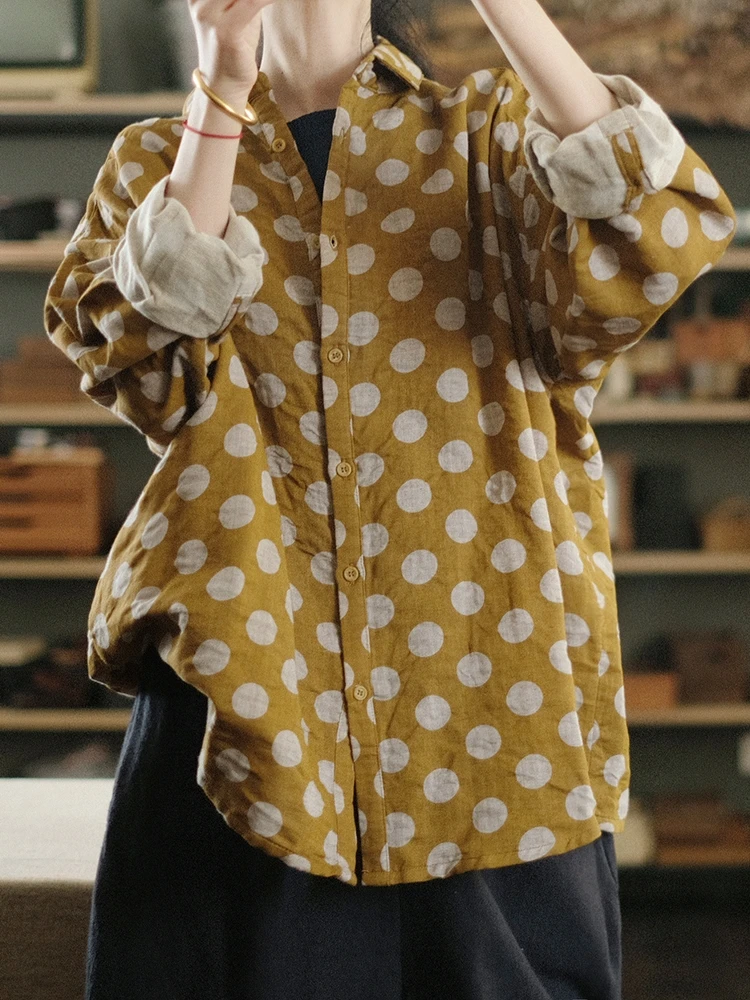 

Женская рубашка/блузка в горошек, универсальная базовая Свободная блузка из натуральной ткани, промытая водой, обхват груди/весны, 107-136 см