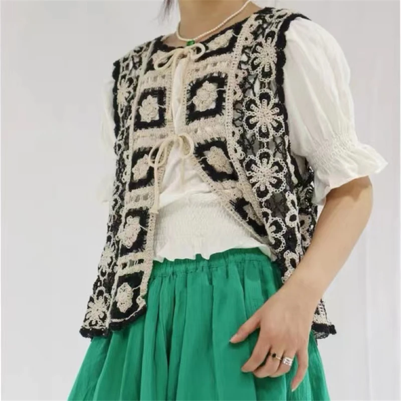 

Майка женская вязаная с вырезами, жилет без рукавов, пляжный Свободный кардиган, винтажная богемная уличная одежда, двусторонняя, O084