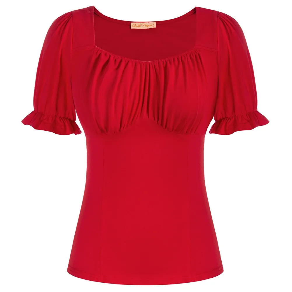

BP Women Vintage Ruched Tops Slim Fit Puffed Short Sleeve Ruched Tops Square Neck Cotton Shirt Summer Clothes Office Workwear A3