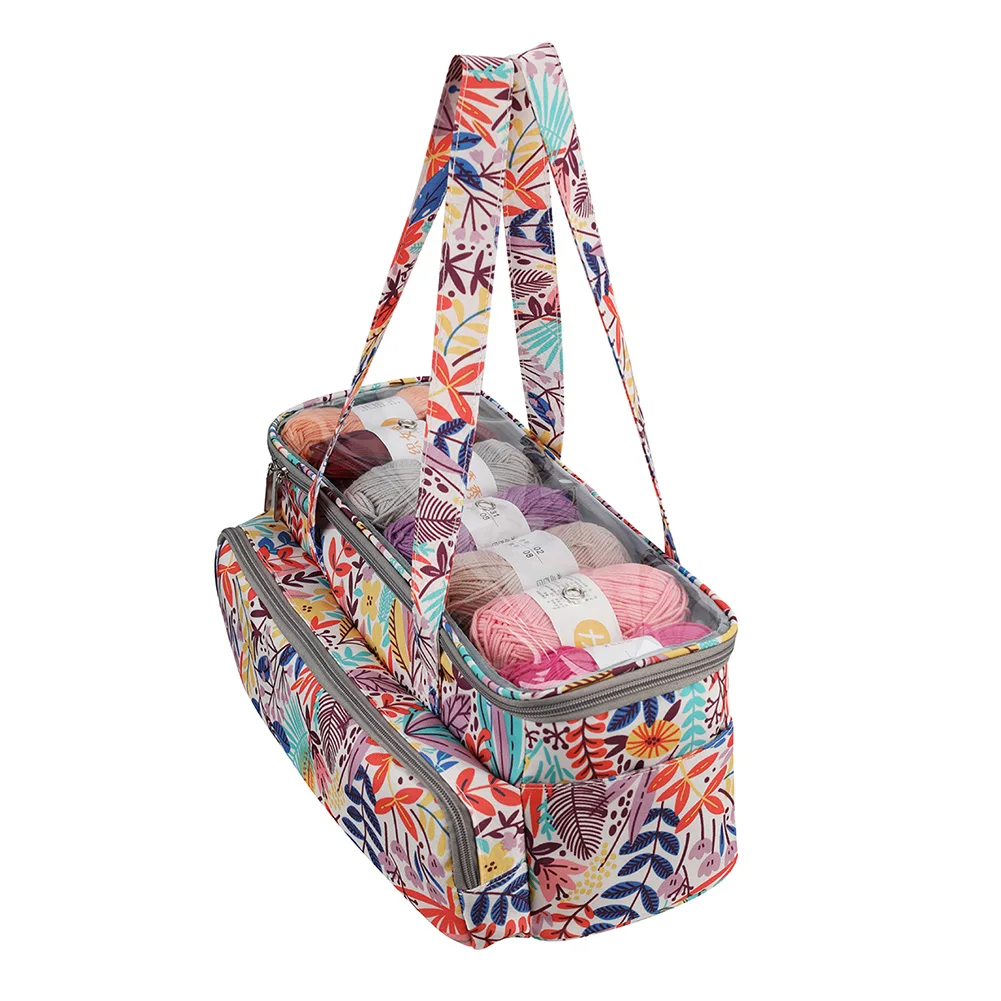 

Knitting Tote With Handle Large Capacity Oxford Cloth Yarn Storage Bag Rectangle Portable Dustproof Mesh Pouch Floral Printed