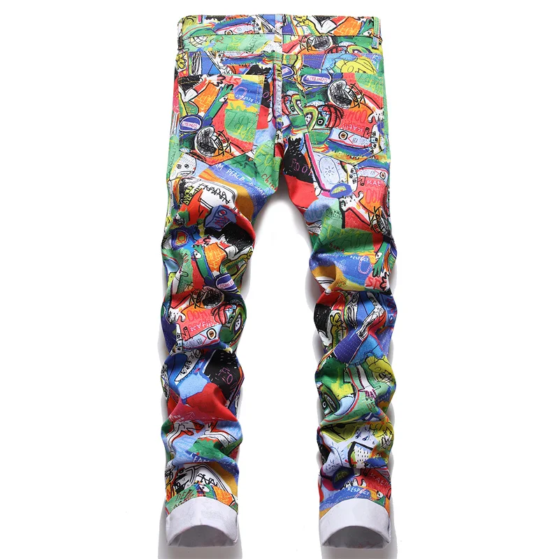 Men's Colorful Graffiti Printed Jeans Y2K Colorful Slim Fit Tapered Elastic Casual Pants Fashion Street Clothing Small Foot Pant