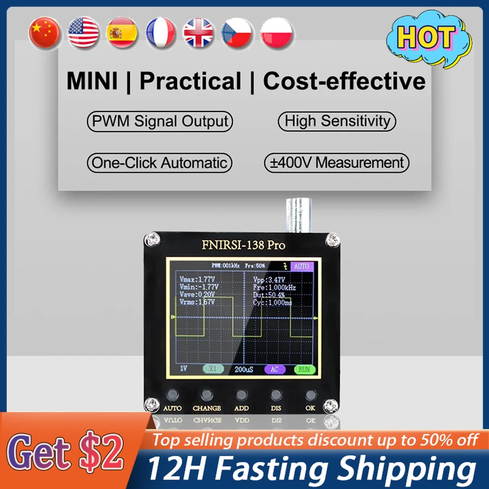 

FNIRSI-138 PRO Handheld Digital Oscilloscope 2.5MSa/s 200KHz Analog Bandwidth Support AUTO,80Khz PWM And Firmware Update