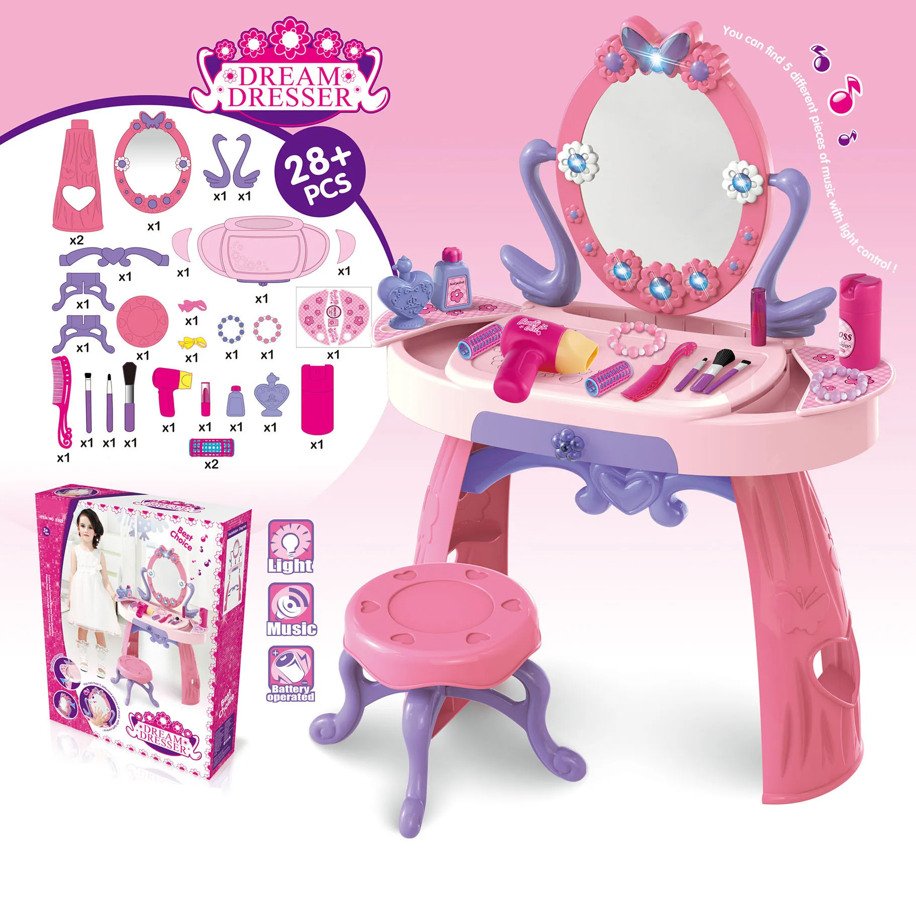 

Kids Beauty Makeup Dressing Table Pretend Play Toy Set with Mirror Lights Music Princess Make-up Birthday Gift for Girls