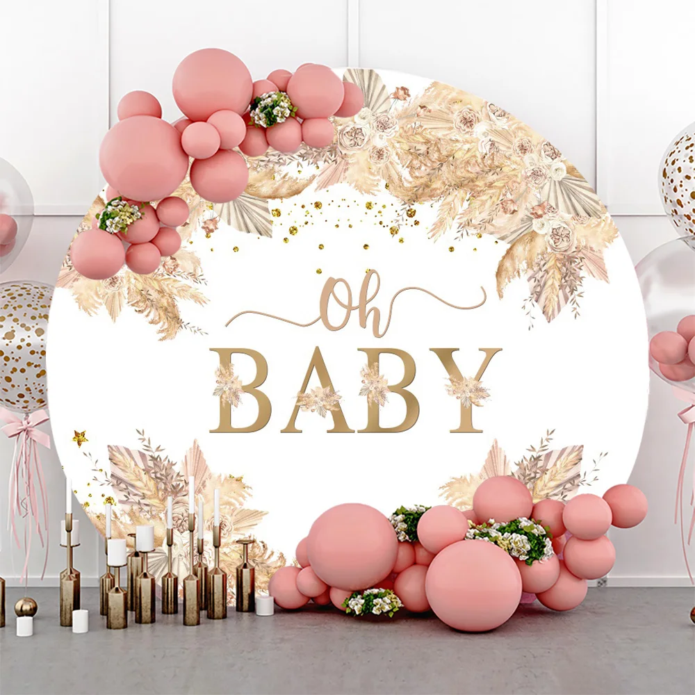

Oh Baby 1st Birthday Boho Round Backdrops Pink Flower Bohemian Girl Baby Shower Elastic Circle Background Cover Photo Studio