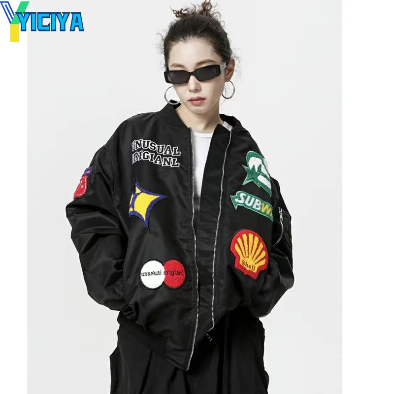 

yiciya jackets winter women coats bomber Race parkas Varsity leather jacket Baseball jacket Vintage Y2k 2023 Bombers Coat met