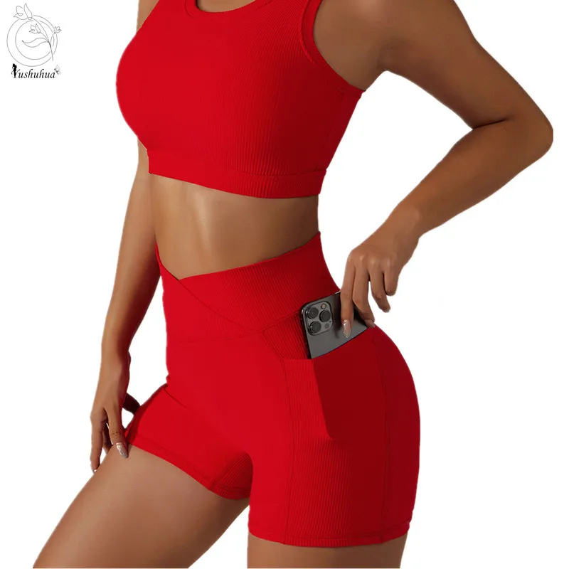 

Yushuhua Cross High Waist Tight Sports Shorts Side Pocket Yoga Shorts Gym Fitness Shorts Women's Rib Compression Shorts
