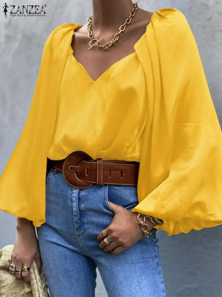 

2022 Stylish Women Solid Blouse ZANZEA Elegant Long Lantern Sleeve V Neck Shirt Loose Satin Office Chemise Party Pleated OL Top