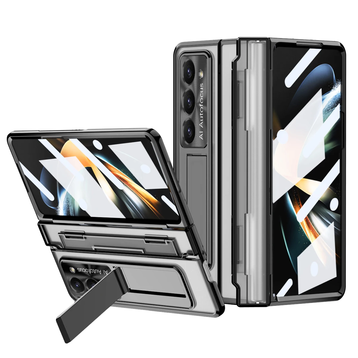 

Transparent Hinge Case For Samsung Galaxy Z Fold 5 Fold5 4 Fold4 3 Fold3 Shockproof Kickstand Plating Hard Cover with Glass Film
