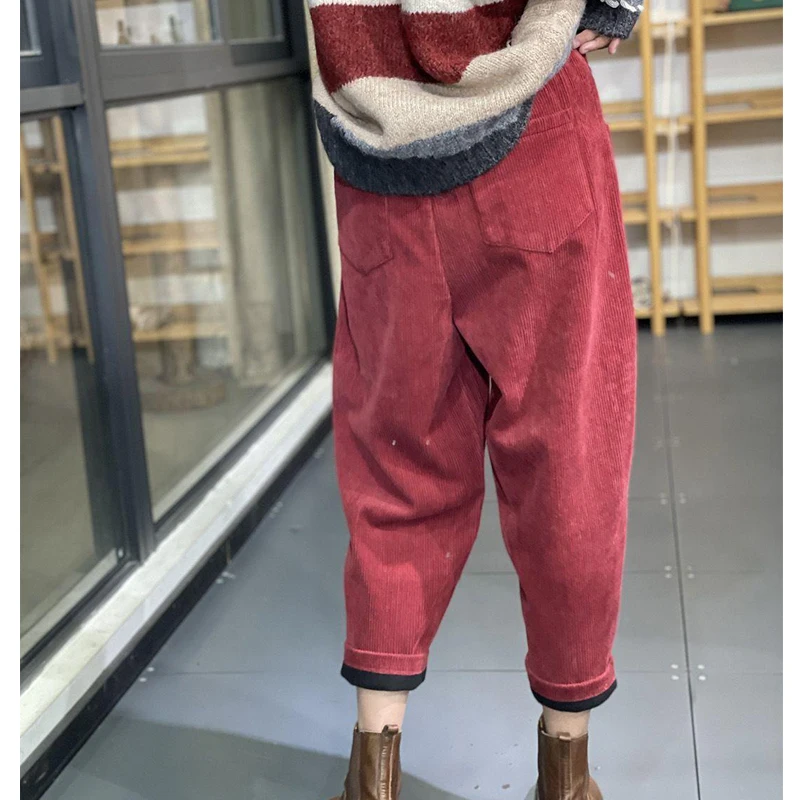 Women Vintage Corduroy Loose Velvet Thick Warm Harem Pants Y2K Female Casual Streetwear Baggy Trousers Autumn Winter Pantalones