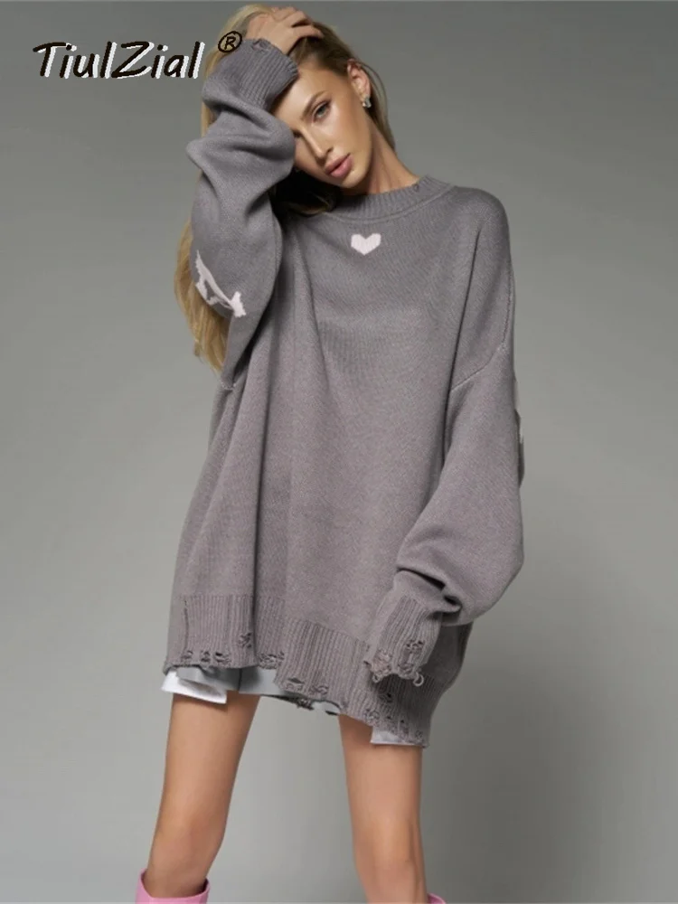 

TiulZial 2023 Autumn Winter Knitted Love Letter Print Loose Hole Women Sweaters Fashion Long Sleeve Gray Casual Pullover Outfits