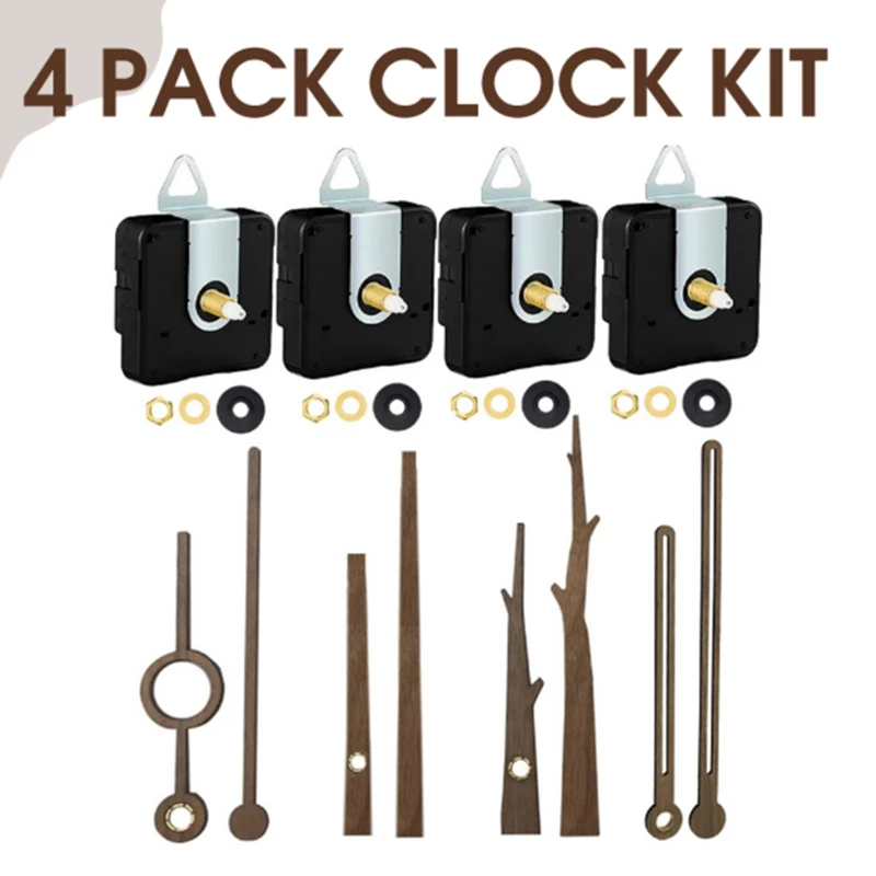 

4Pcs Clock Movement Mechanism With Hooks And 4 Walnut Different Hands Clock Repair Parts Accessories DIY Clock