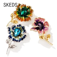 skeds fashion women enamel flower brooches pins creative crystal drop oil badges clothing coat flower corsage accessories gift
