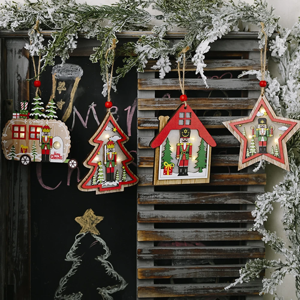 

Christmas Tree Wood Hollow Pendant Walnut Soldier Santa Claus Snowman Doll Home Hanging Ornaments Lanyard for Festival Part