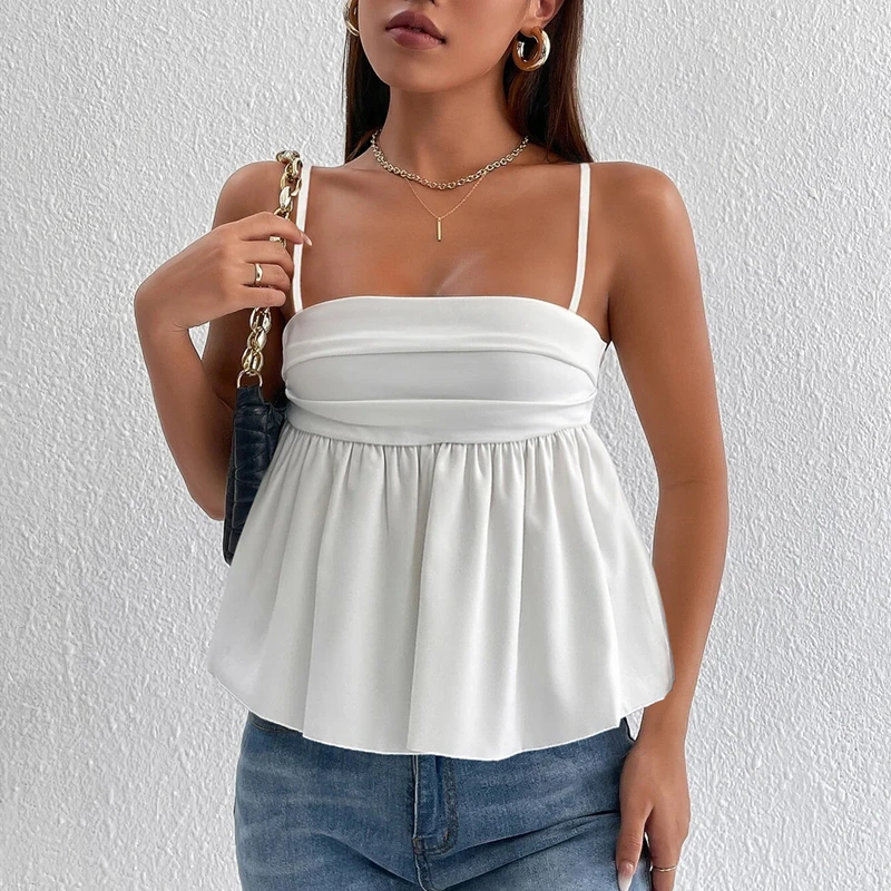 

Women White Basics Camisole Summer Chic Spaghetti Straps Backless Pleated Solid Color Tank Tops Ladies Corset Vest Bustier Y2K