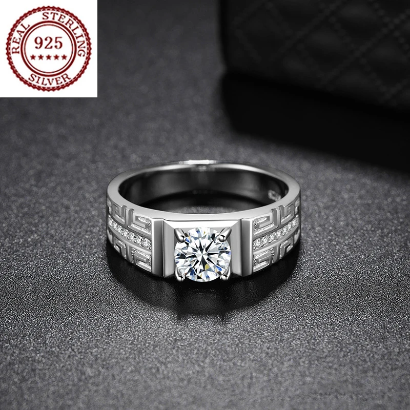 

S925 Silver Creative Engraving Design Men's Domineering Fashion Simple Opening Adjustable Wedding Career Style Diamond Ring