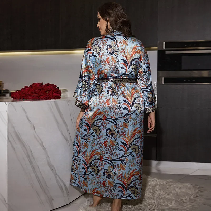 Плюс размер кимоно халат шелковый атласный длинный интимное белье с цветочным