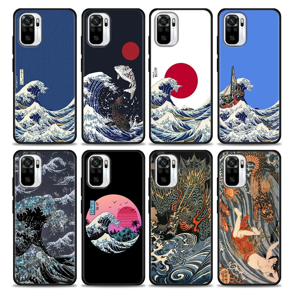 

Japanese Art Phone Case For Xiaomi Redmi Note 9 9T 10 11 11E 8 7 Poco M3 M4 Pro 5G Black Cover Hokusai kanagawa Great Wave Cases
