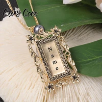 cring coco personalized custom name letter necklaces rectangle surrounded hawaiian flower gold color necklace pendant for women