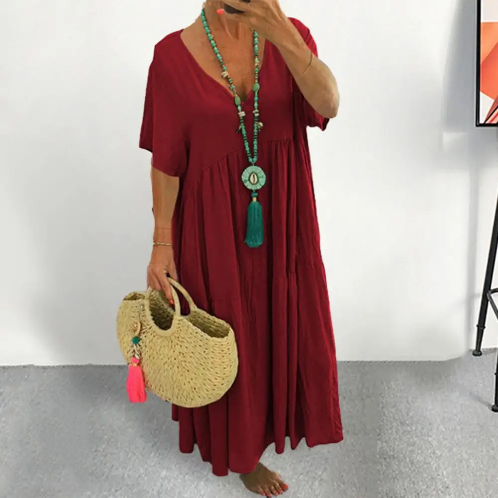 

Women Loose Dress Vintage Pleated V-neck Maxi Dress Soft Solid Color Lady Summer Style with Short Sleeves Loose Hem Patchwork