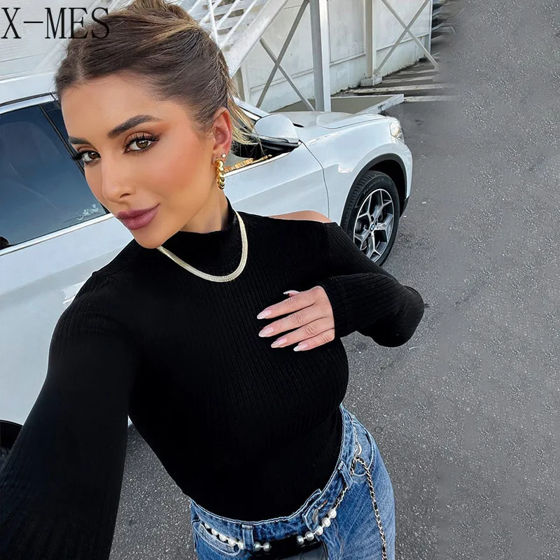 Spring and Autumn New Women Clothing Long-Sleeved Slim Waist Black Sexy Solid Color Y2k Open Back Turtleneck Top Lady Bodysuit