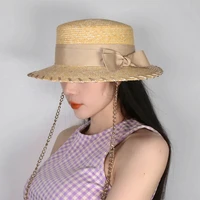 2022 luxury designer brand spring summer flat top chain straw hat bow decoration metal hanging beach hat boat cap