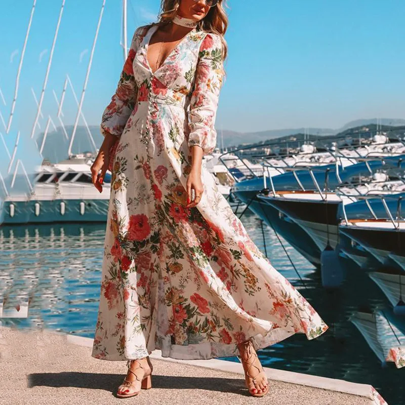 

2021 Autunn Sexy Deep V Neck Long Sleeve Floral Print Prom Dresses Lady Fashion Long Vacation Vestido Casual Slim Frock for Girl